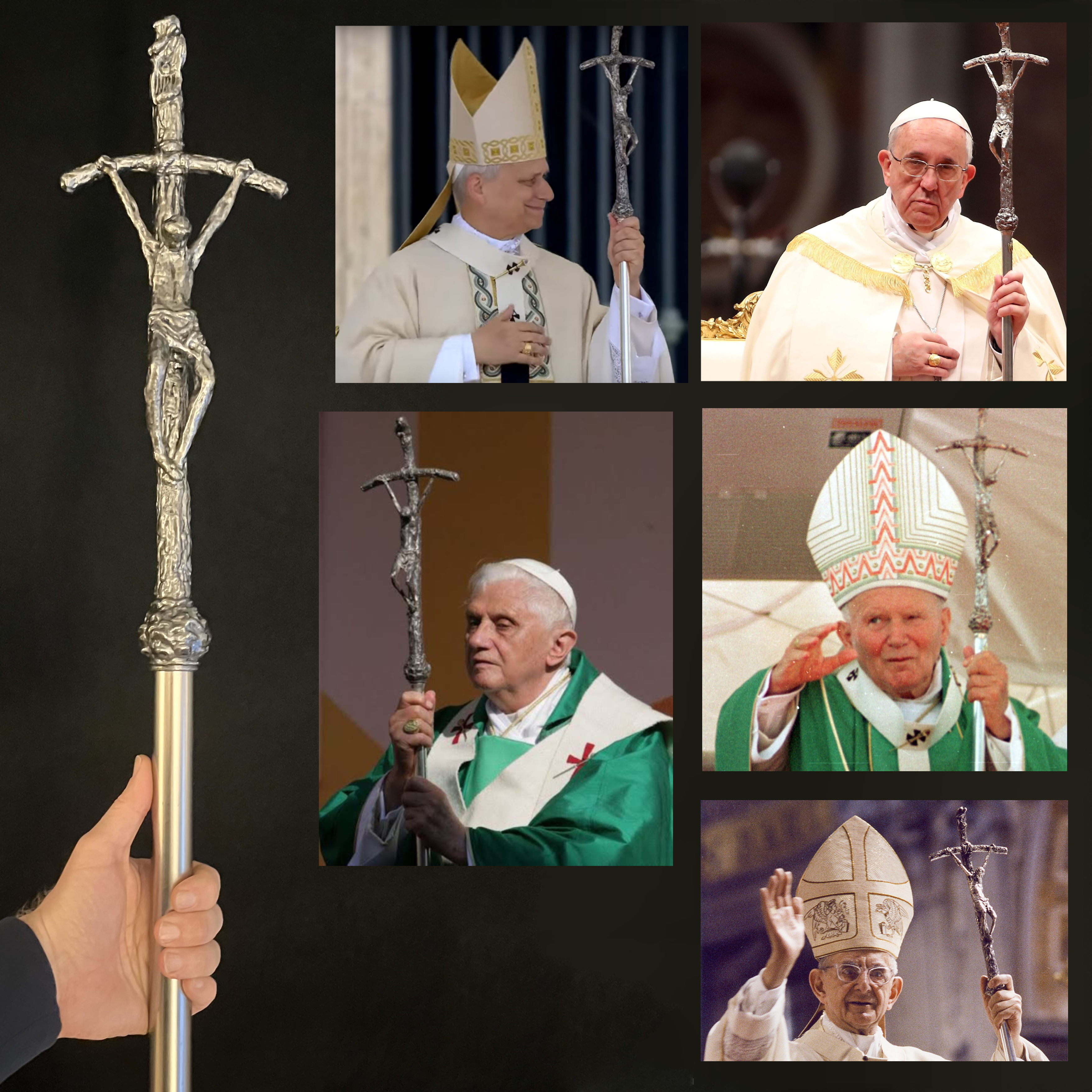 Collage displaying the Vatican papal crucifix replica alongside historical photographs of popes.