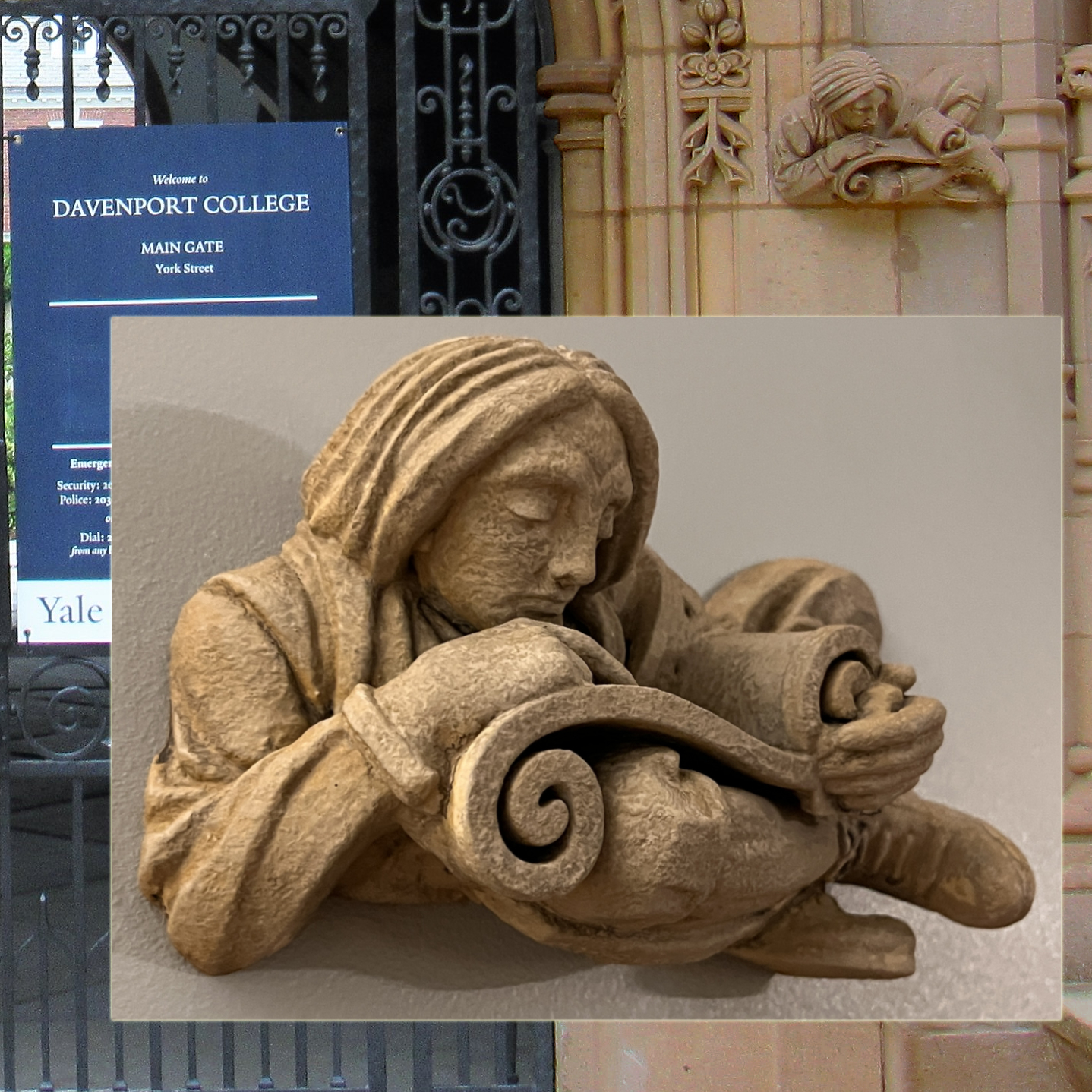Replica of the Davenport College scroll reader superimposed over the Davenport College gate.