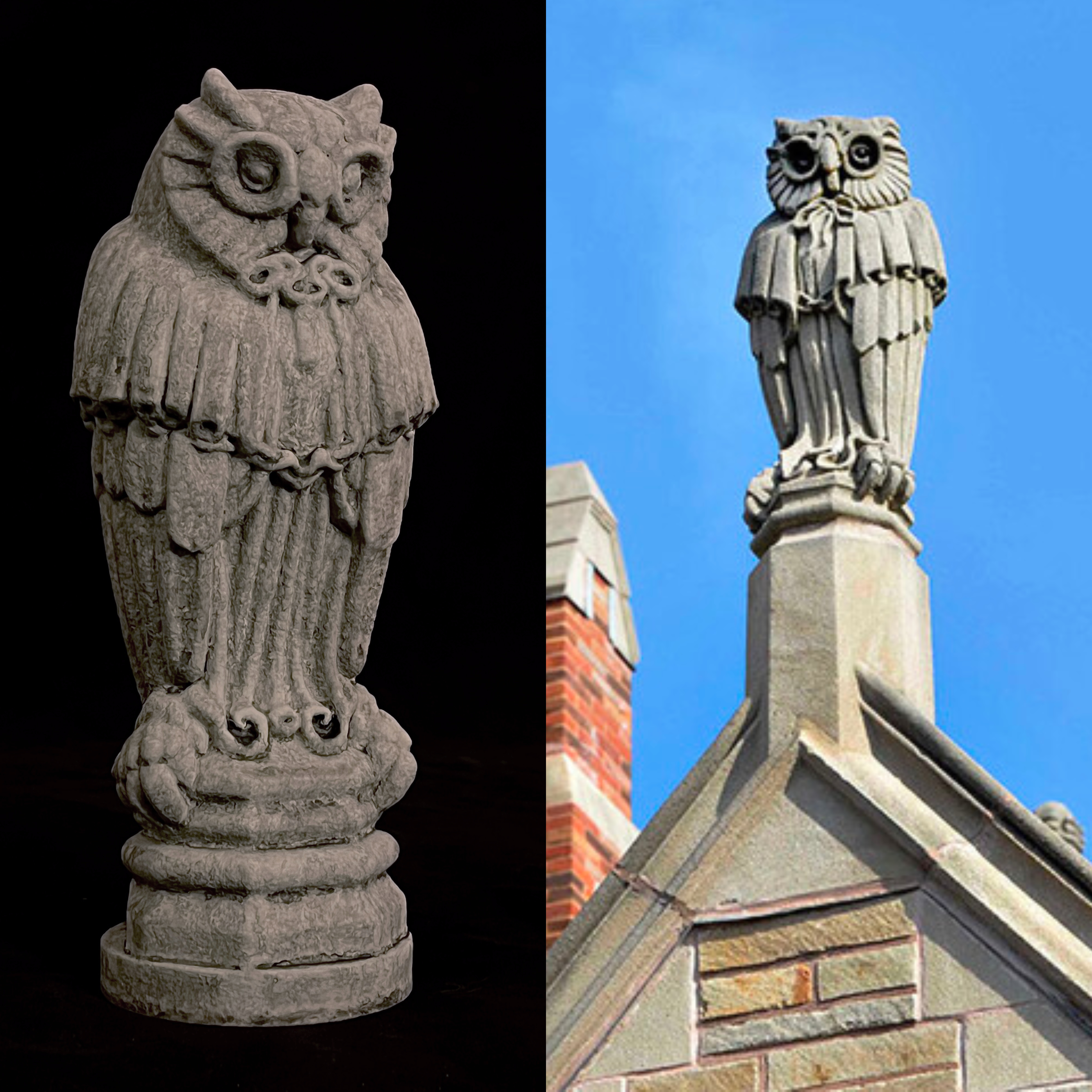Photo of the Yale Law School owl sculpture, next to the original sculpture atop the Law Sterling Law Library